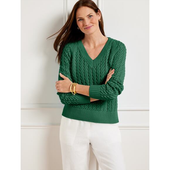 Talbots NWT Sz XL Open-Stitch V-Neck Sweater Green Longsleeve - Picture 1 of 7